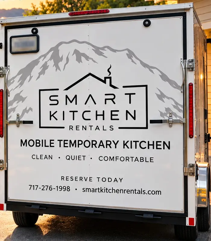 The back of a white Smart Kitchen Rentals trailer parked in a driveway at sunset, lettered Mobile Temporary Kitchen: clean, quiet, comfortable.